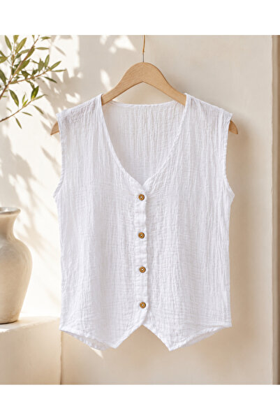 TECHTACT Women's 100% Cotton Muslin V-Neck Buttoned Sleeveless Blouse Summer ...