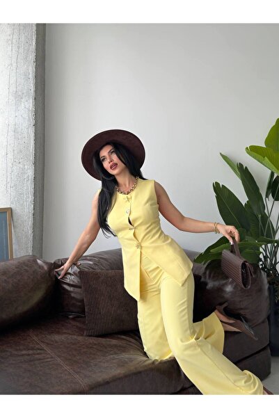 SUXİRCNHTMTS Asymmetrical Cut Design Buttoned Vest and Palazzo Trousers Two-P...