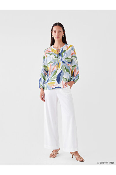 LC Waikiki Mixed Tie-Neck Floral Gathered Blouse