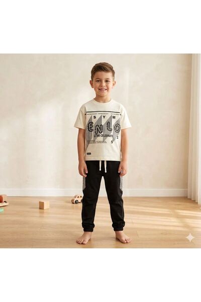 Yağmur Giyim Address Text Patterned Tracksuit Boys' Short Sleeve Set 5-8 Year...