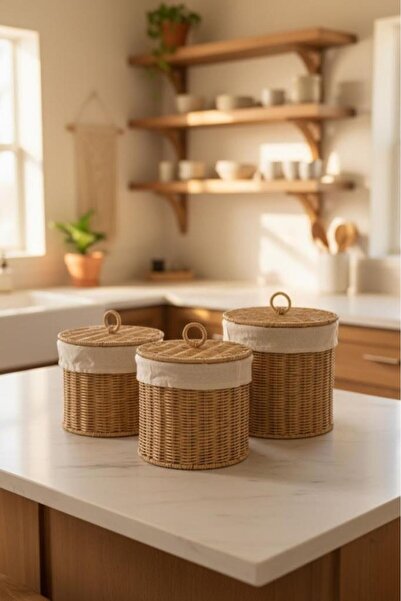 Lumevia Rattan 3'lü Kapaklı Bezli Hasır Sepet Seti - Patates Soğan ve Ekmek S...