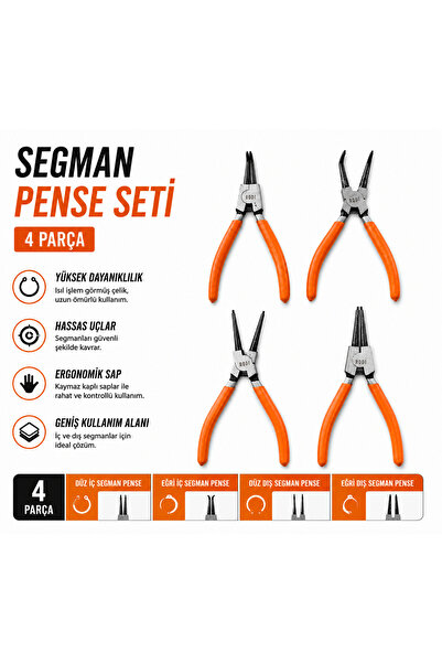 Rodi Segman Pense Seti 4'lü İç Dış Segman Pensesi Takımı Düz ve Eğri Uçlu Pro...