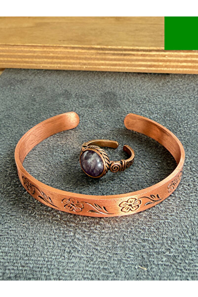 Rupen Kraft Handcrafted copper bracelet and natural stone ring set, adjustabl...