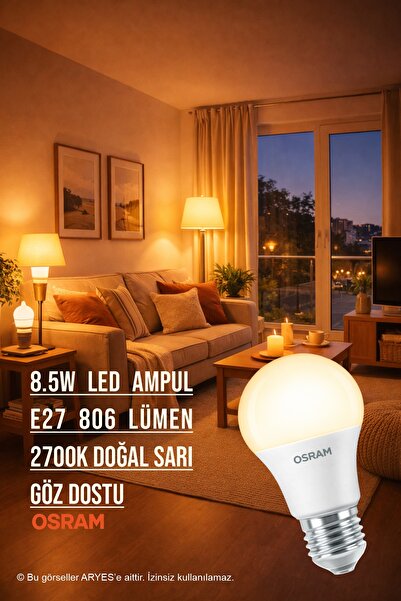 Aryes E27 LED Ampul 8,5W 806 Lümen - 2700 Kelvin Sarı Işık Uzun Ömürlü