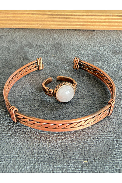Rupen Kraft Handcrafted copper bracelet and natural stone ring set, adjustabl...