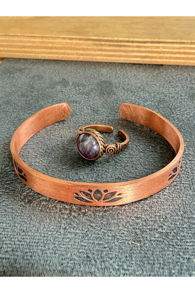Rupen Kraft Handcrafted copper bracelet and natural stone ring set, adjustabl...