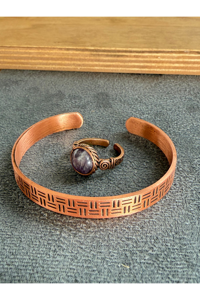 Rupen Kraft Handcrafted copper bracelet and natural stone ring set, adjustabl...