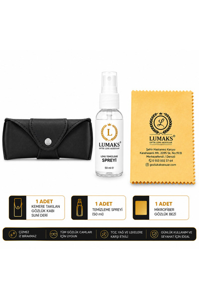 LUMAKS Premium Gözlük Bakım Seti – 50 ml Lens Temizleme Spreyi + Mikrofiber G...