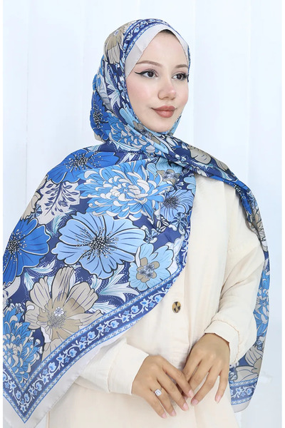 sefamerve Champs-Élysées Floral-Patterned Shawl 70319-06 Beige Navy Blue