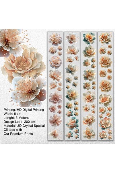 Pearl Bloom PET Tape 6cm | İnci Detaylı Pastel Çiçek Temalı Scrapbook ve Journal Bandı