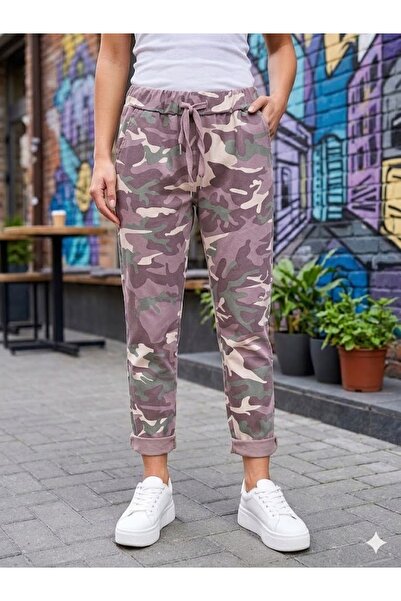 AYASOFYA OTANTIK Women's Italian Camouflage Patterned Skinny Trousers with Ti...