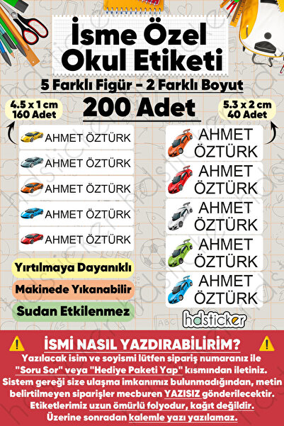 hdsticker 200 Adet Araba Desenli İsme Özel Okul Etiketi Kişiye Özel İsim Bask...
