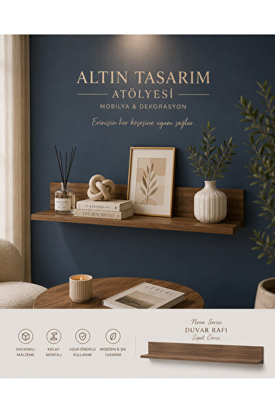 Altın Tasarım Atölyesi Nova Duvar Rafı - Sepet Ceviz - 90 cm Dekoratif Duvara...