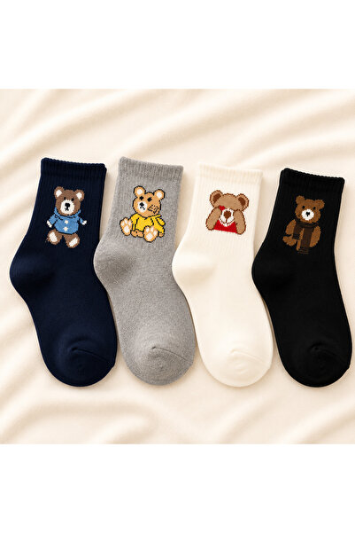 çorapmanya Çocuk 4 Çift Ayı Desenli Çok Renkli Teddy Bear Rahat Çorap