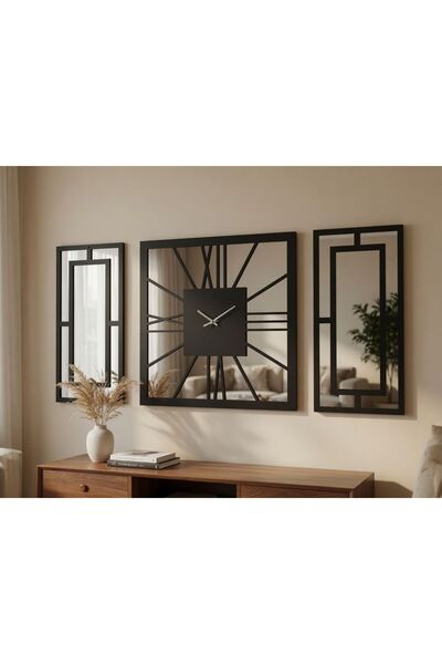 ERGEÇ TASARIM Siyah Dekoratif Duvar Saati Seti 50x50 cm Saat + 2 Adet 50x25 c...