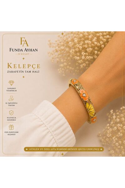 FTA TİCARET Funda Ayhan Jewelry Floral Patterned Enamel Embellished Gold Cuff...