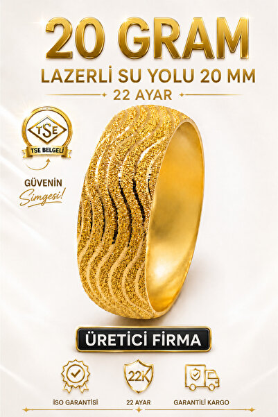 Aks Gold 22 Ayar TSE Belgeli (20 GRAM) Lazerli Su Yolu Mega Altın Bilezik 20 ...