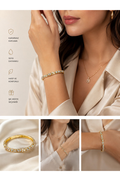 kasımoğulları concept Elegant Stone Detailed Gold Color Handcuff Bracelet – S...
