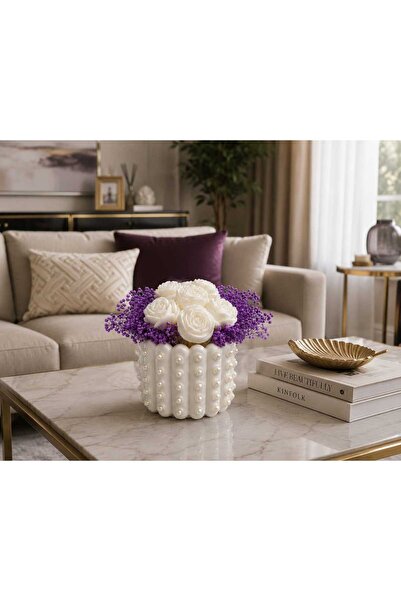 Karra Art Handmade Concrete Vase with Pearls White Rose Soap and Cipso Flower...