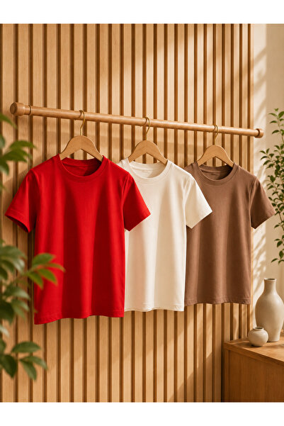 BAHNUR BEBEK ÇOCUK Kırmızı, Ekru ve Kahverengi 3'lü Basic T-Shirt Seti - Günl...