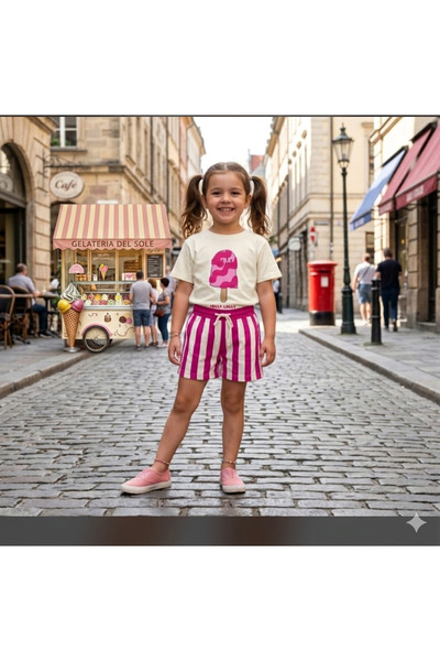 WİKİBOOM Ice Cream Printed Striped Shorts Summer Girls' Set