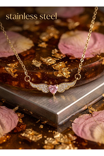 stainless steell 316L Steel Chain Gold Color Winged Pink Heart Model Necklace