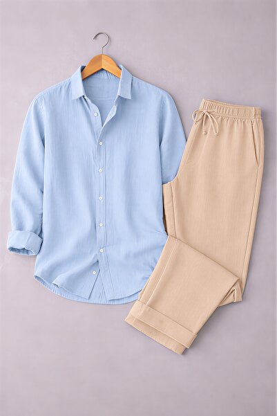 beuivo Men's Linen Textured Oversize Shirt & Sofia Linen Loose Fit Trousers C...