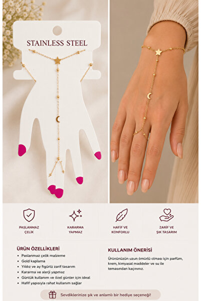 MAQYA KOZMETİK Stainless Steel Moon Star Shahmeran Bracelet Gold Color Adjust...
