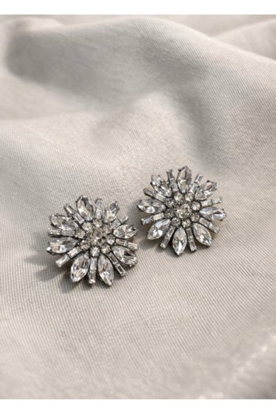 Gizemindünyası Silver Color Round Crystal Flower Earrings