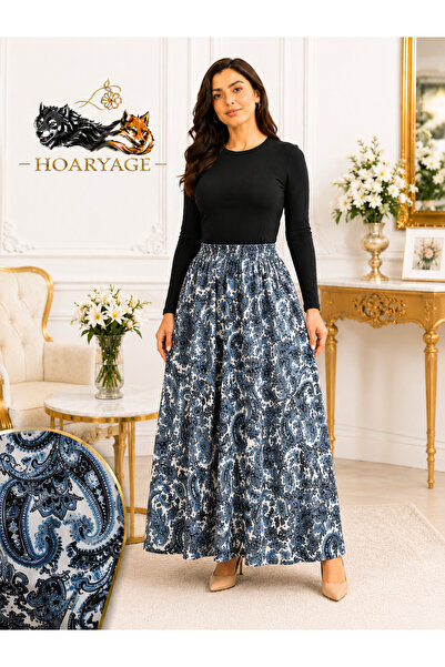 hoaryage Elastic Waist Shawl Patterned Viscose Fabric Maxi Size Mother's Skir...