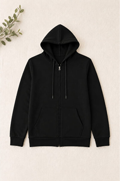 LU DUE Unisex Design Comfortable Soft Textured Black Zippered Cardigan Sweats...