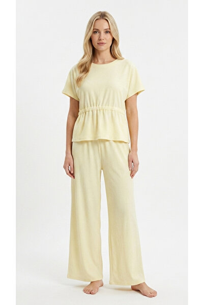 levanapajamas Women's Light Yellow Color Stitching Waist Drawstring Pajama Set