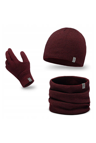 Pamami Set de iarna pentru barbati, Pamami, caciula beanie visinie, esarfa tu...