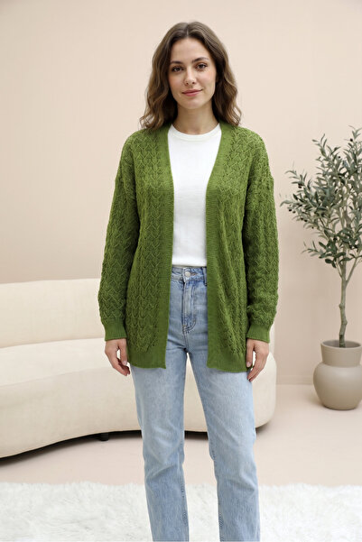 SADEL Desenli Ajurlu Oversize Triko Hırka - Fıstık Yeşili