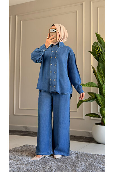 Suede Style 6295 - Comfortable Casual Slim Women's Denim Shirt and Pants Set