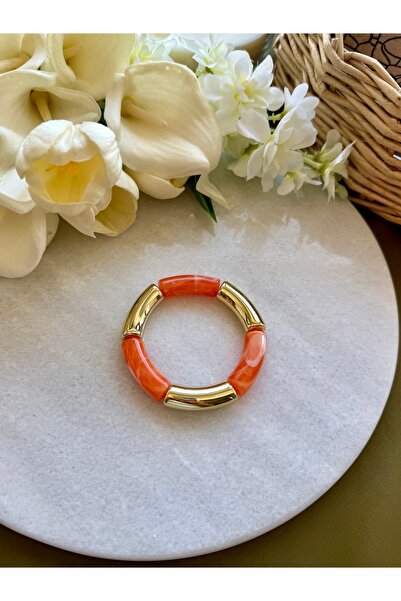 Merishe Jewerly سوار مطاطي من الأكريليك مزين بالخرز الذهبي بنمط الرخام البرتقالي
