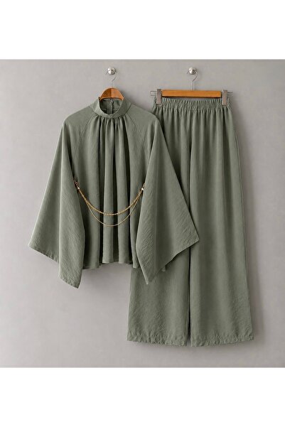 KEVRA Chain Detailed Pleated Kimono Sleeve Blouse and Wide Leg Pants Two-Piec...