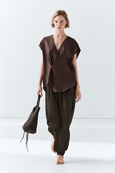 Massimo Dutti Keten karışımlı dökümlü kruvaze kimono