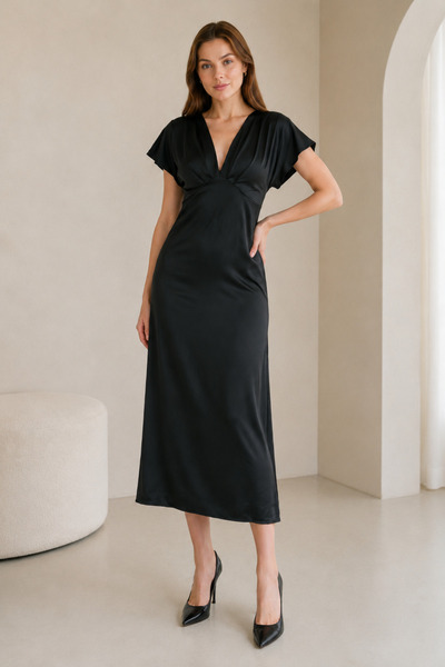 bayansepeti Black Satin Fabric Draped V-Neck a Line Cut Midi Dress 77167