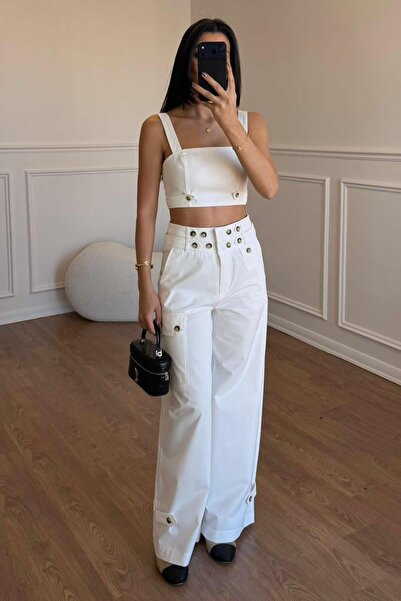 CROPTOP BLUZ APOLLETLİ PANTOLON TAKIM