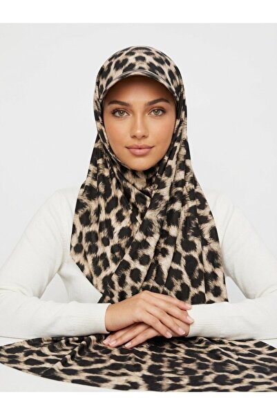 İSTDONATELLA Şapkalı Boneli Hazır Şal - Leopar Desen - Hijab Üstü Kullanılabi...