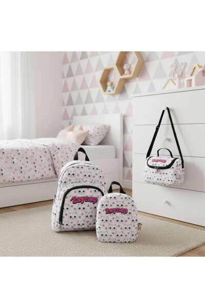 Hevi Kids HeviKids Kişiye Özel İsimli 3'lü Çocuk Çanta Seti - Beyaz Kedi