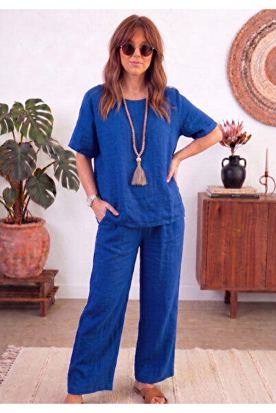 Little Visqon Women's Linen Textured Loose Fit Pants and Blouse Two-Piece Set
