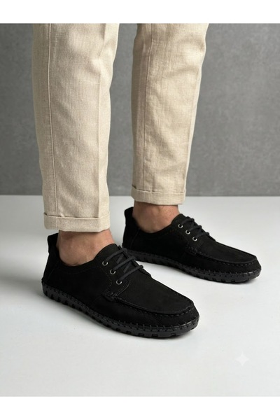 Lütfi Men's black nubuck genuine leather orthopedic sole summer shoes