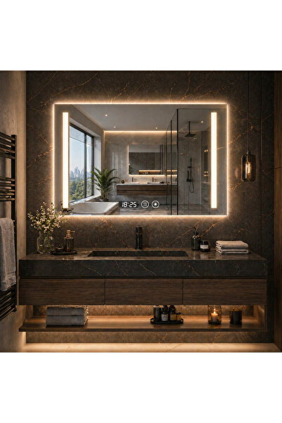 Vivendo Oglinda LED 90x70 cm cu iluminare reglabila, antiaburire si ceas digi...