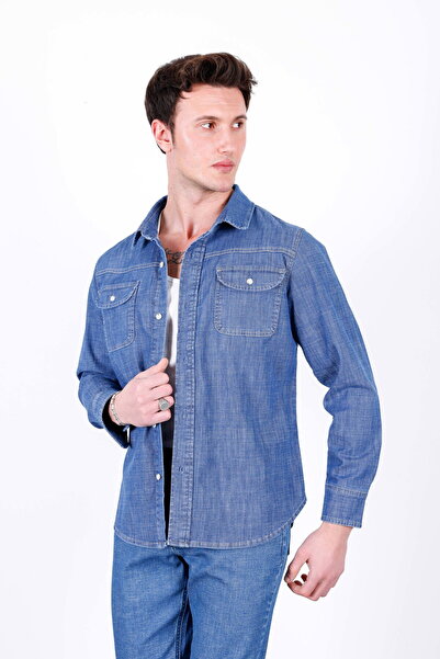 HLT JEANS قميص جينز رجالي صيفي من الدنيم الليكرا باللون الأزرق الفاتح ذو تصمي...