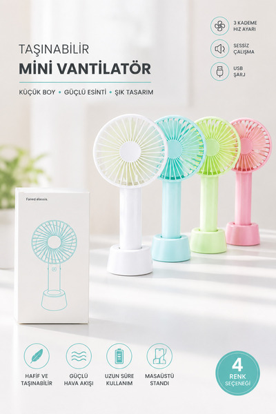 MAZİRA Taşınabilir Mini USB Şarjlı Masaüstü El Vantilatörü 3 Kademeli Sessiz Fan
