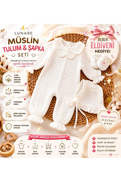 LUNARE Müslin Bebek Tulum Şapka Seti Bebek Eldiveni Hediyeli Yenidoğan Hastan...