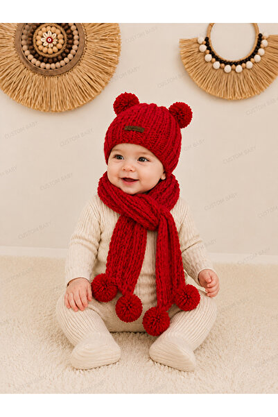 El örgüsü Çocuk Bebek Takımı Bebek Bere ve Atkı Takımı Kırmızı Unisex Premium...