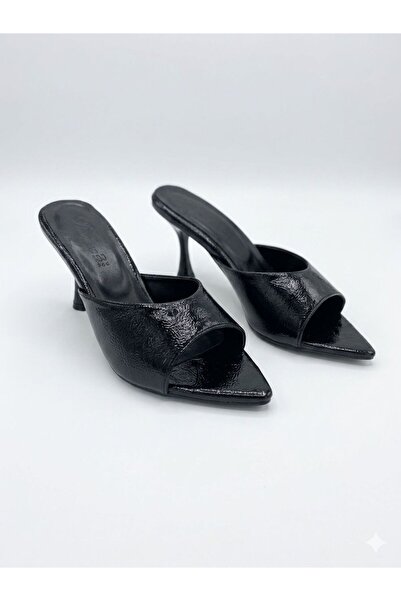 Pretty Girl Women's Black Patent Leather Rustic Patterned Thin Heeled Pointed Toe Slippers (Heel Height 8cm)